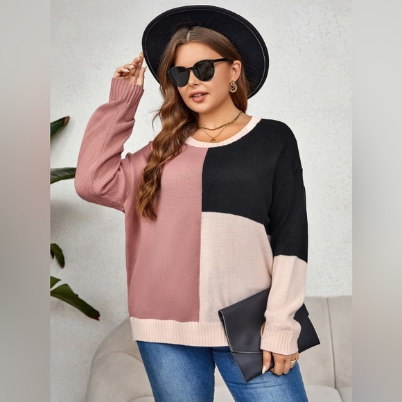 Plus Size Color Block Long Sleeve Sweater - Picture 1 of 3